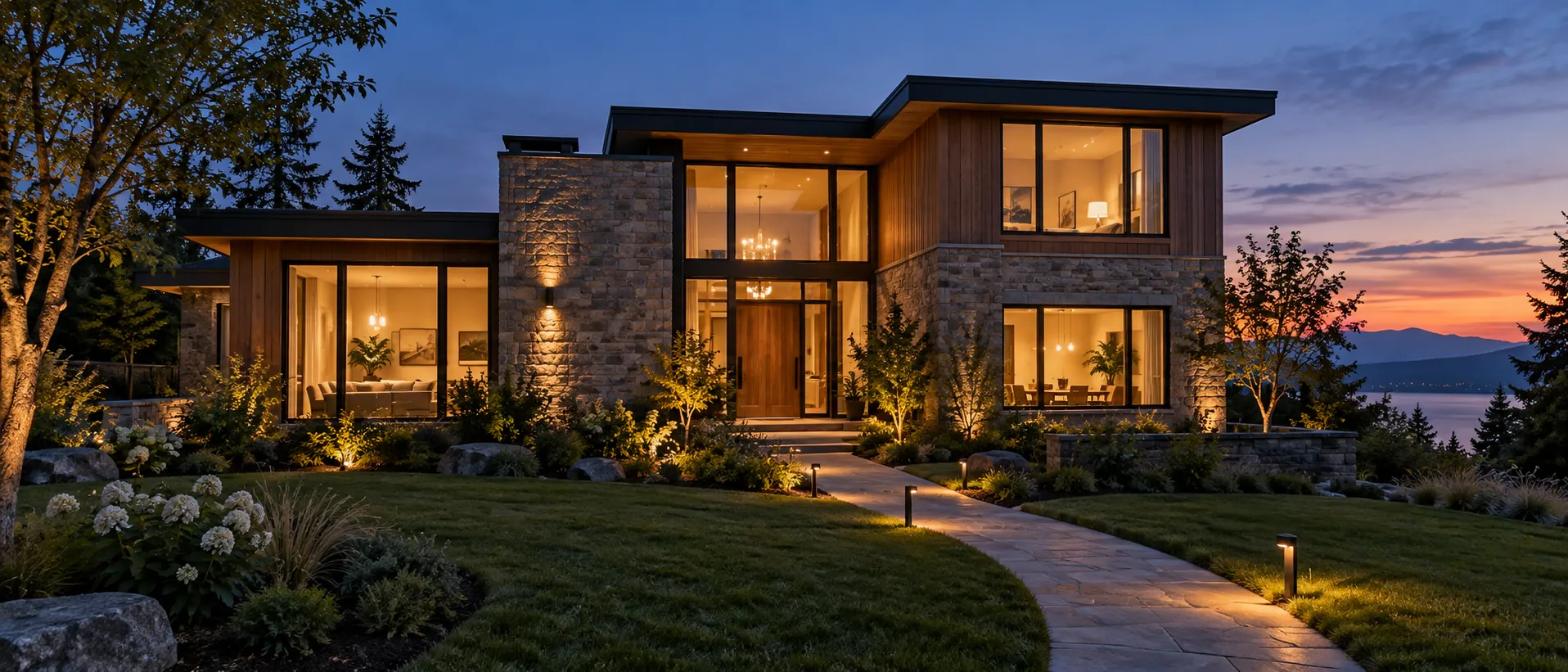 Family home at dusk with warm lights glowing inside
