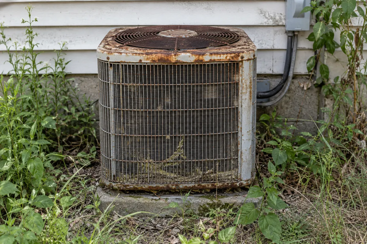 Old, weathered outdoor air conditioning unit before replacement