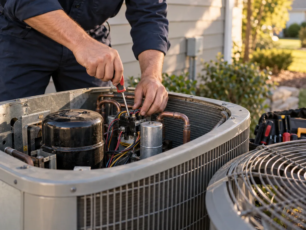 Technician repairing an outdoor air conditioning unit