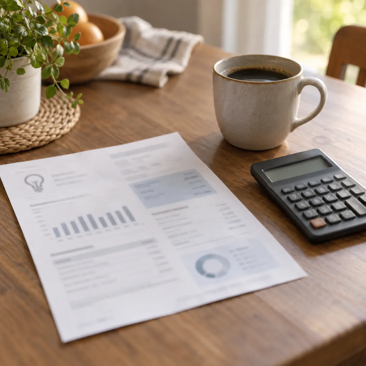 Household energy bill on a kitchen bench beside a calculator