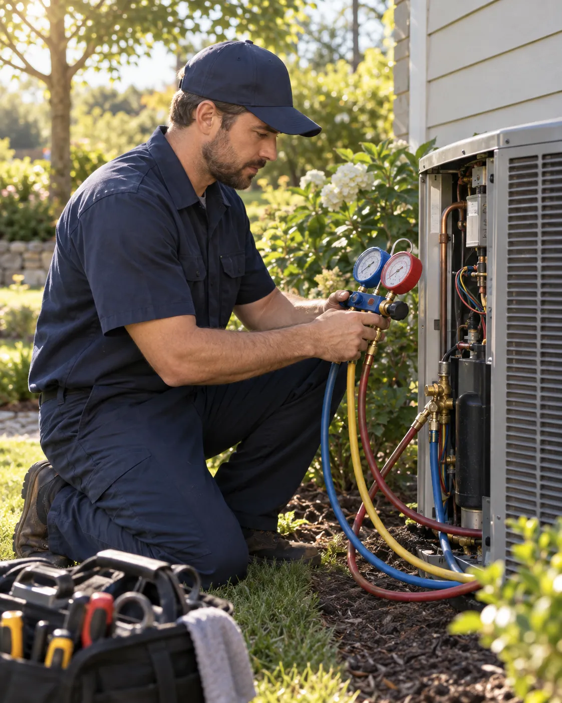 Northridge HVAC technician in uniform beside a home